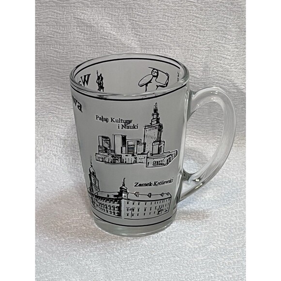Warszawa Poland Frosted Glass Coffee Cup Mug ARC 53 www.malpin.pl Souvenir Map - Picture 3 of 5